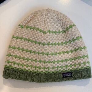 Patagonia Cream and Green Striped Beanie